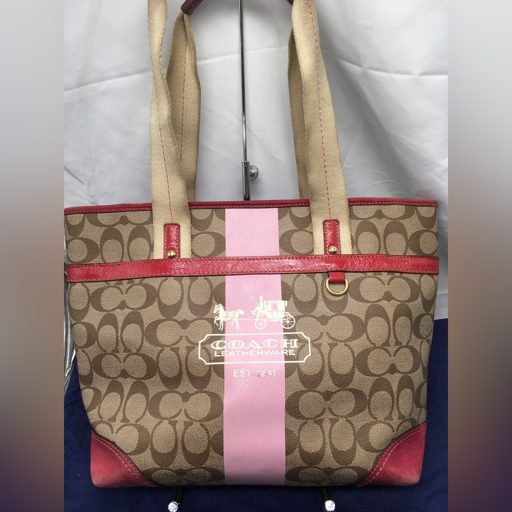 Coach Heritage Stripe Signature Tote Shoulder Bag 11350 Canvas Pink Stripe